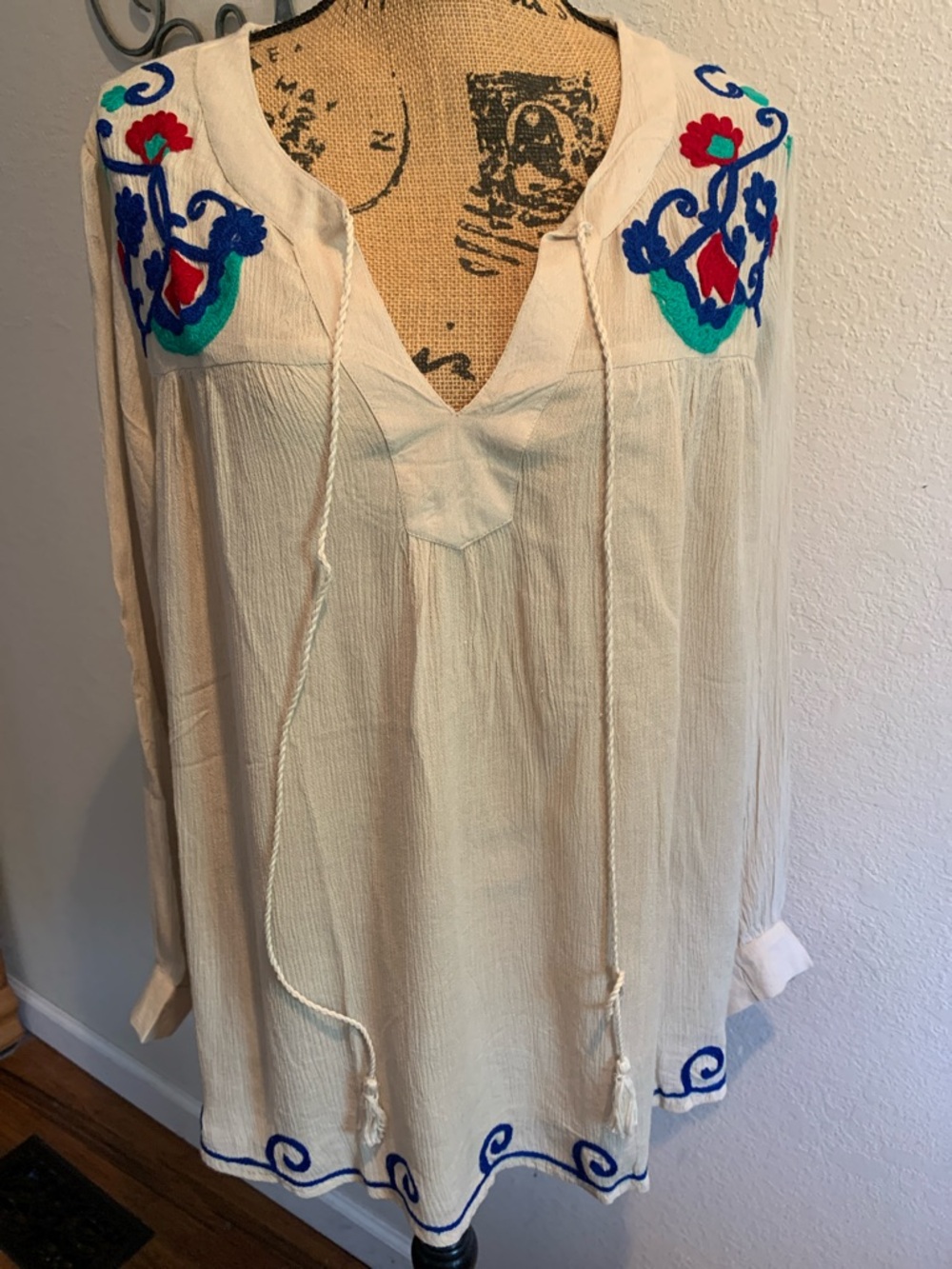 Fashion Magazine Cream Tunic with Blue, Red & Teal Embroidery